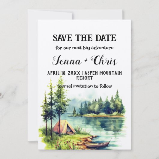 ミニマル素朴リストフォレスト湖カヌー日付を保存 招待状 (正面)