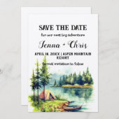 ミニマル素朴リストフォレスト湖カヌー日付を保存 招待状 (正面/裏面)