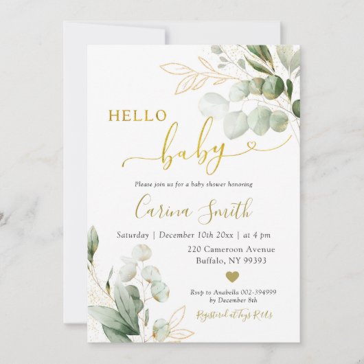 ミニマル素朴主義ユーカリ緑の赤ちゃんシャワー 招待状 (正面)