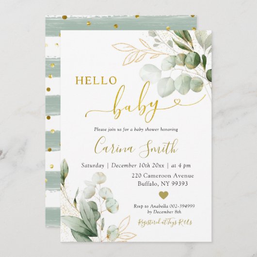 ミニマル素朴主義ユーカリ緑の赤ちゃんシャワー 招待状 (正面/裏面)