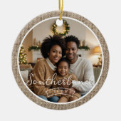 ミニマル素朴Farmhouse Burlap写真パーソナライズされた セラミックオーナメント (正面)