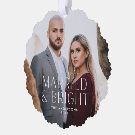 ミニマル結婚したリストと明るい写真の休日 オーナメントカード (左)