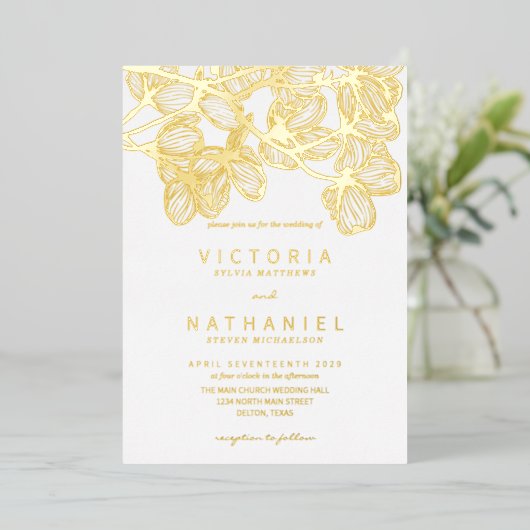 ミニマル結婚エレガントフローラ実在金ゴールド 箔招待状 (立ち正面)