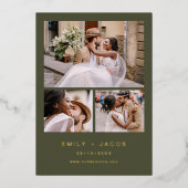 ミニマル結婚サージグリーンの4枚フォトゴールドフォイル 箔招待状 (正面)