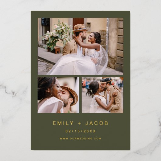 ミニマル結婚サージグリーンの4枚フォトゴールドフォイル 箔招待状 (正面)