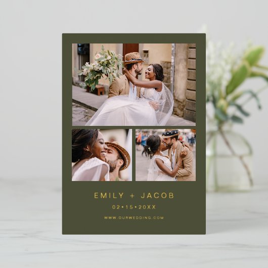 ミニマル結婚サージグリーンの4枚フォトゴールドフォイル 箔招待状 (立ち正面)