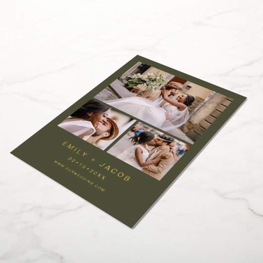 ミニマル結婚サージグリーンの4枚フォトゴールドフォイル 箔招待状 (回転した状態)