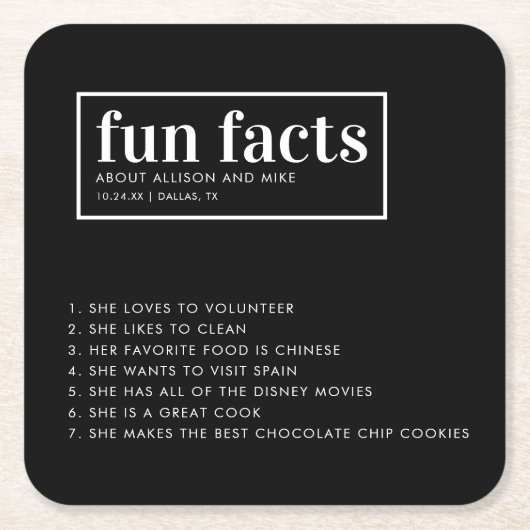 ミニマル結婚ブラックおもしろい事実 スクエアペーパーコースター (正面)