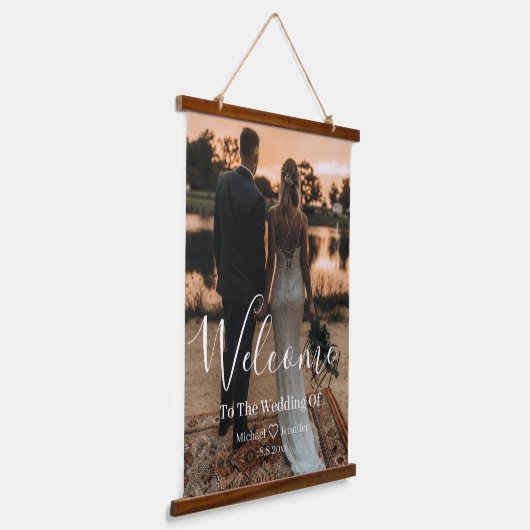 ミニマル結婚ム手書き歓迎サイン 吊り下げ型タペストリー (傾斜あり)