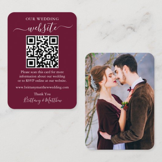 ミニマル結婚リストのウェブサイト写真QRブルゴーニュ エンクロージャーカード (正面/裏面)