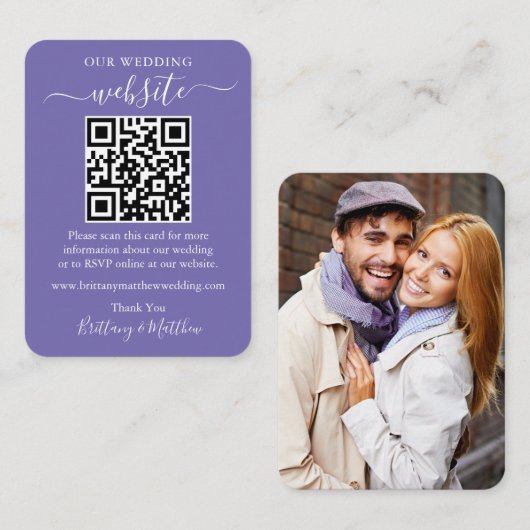 ミニマル結婚リストのウェブサイト写真QRペリウィンクル エンクロージャーカード (正面/裏面)