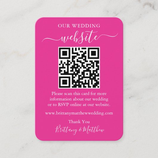 ミニマル結婚リストのウェブサイト写真QRホットピンク エンクロージャーカード (正面)