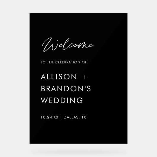 ミニマル結婚リストのウェルカムブラック アクリルサイン (正面)