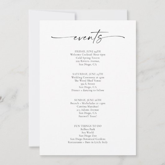 ミニマル結婚リストのウェルカムレターとイベントカード 招待状 (裏面)