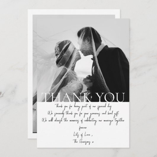 ミニマル結婚リストのサンキューカード（写真あり） 招待状 (正面/裏面)