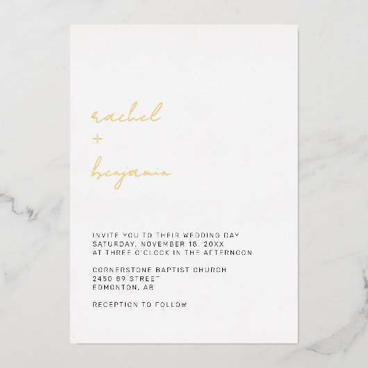 ミニマル結婚リストのスクリプモダントシンプルタイポグラフィ 箔招待状 (正面)