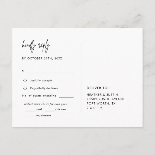 ミニマル結婚リストのメニュー選択RSVPポストカード ポストカード (裏面)