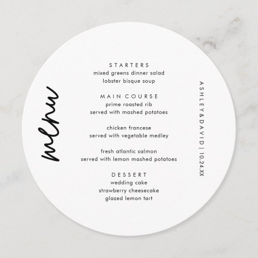 ミニマル結婚リストのユニークサークルメニューカード メニュー (正面)