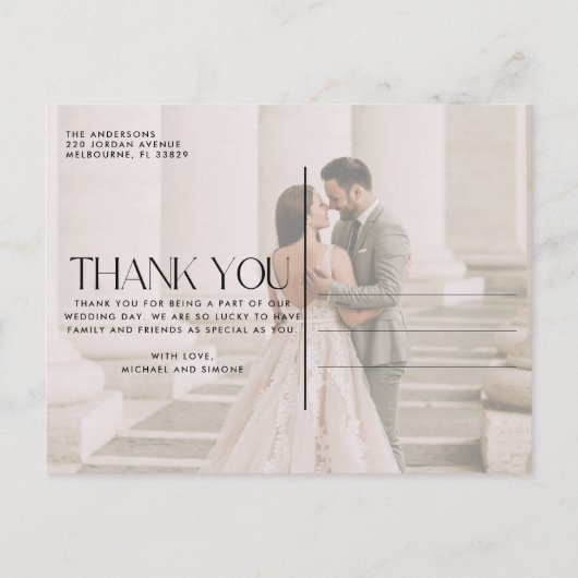 ミニマル結婚リストの写真ありがとう ポストカード (裏面)