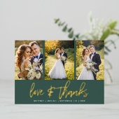 ミニマル結婚リストの写真コラージュ緑 箔招待状 (立ち正面)