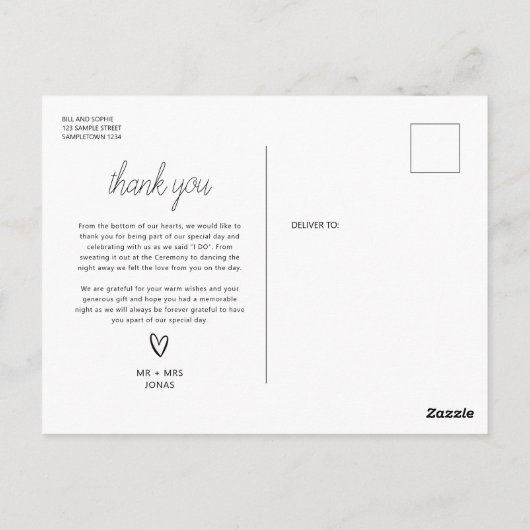 ミニマル結婚リストの写真サンキューカード ポストカード (裏面)