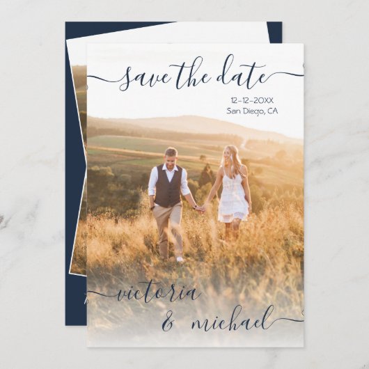 ミニマル結婚リストの写真日付の保存招待状 招待状 (正面/裏面)