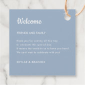 ミニマル結婚リストの埃っぽいブルー歓迎ギフト フェイバータグ (裏面)