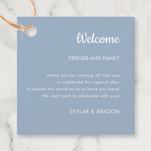 ミニマル結婚リストの埃っぽいブルー歓迎ギフト フェイバータグ (正面)