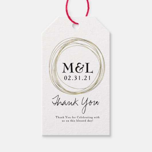 ミニマル結婚リストの感謝の金ゴールドフェイクリングや輪ロゴ ギフトタグ (正面)