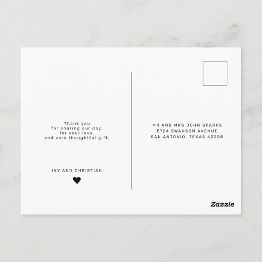 ミニマル結婚リストの感謝はがき ポストカード (裏面)