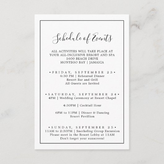 ミニマル結婚リストの週末のイベント エンクロージャーカード (正面)