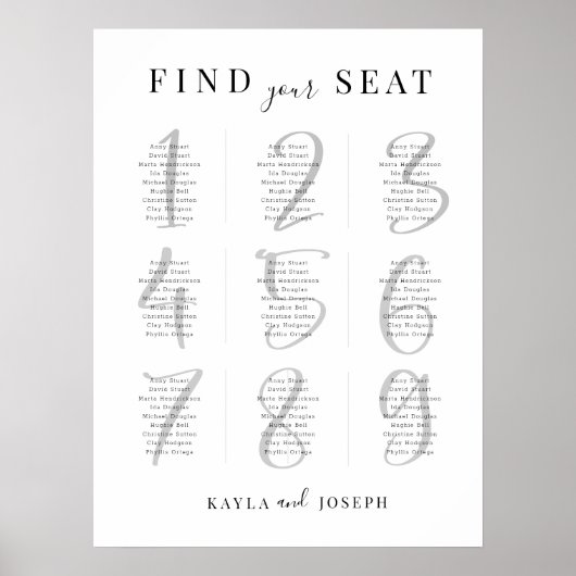 ミニマル結婚リストの9テーブル座席表の記号 ポスター (正面)