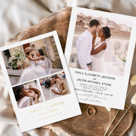 ミニマル結婚リストエレガントホワイトの4枚の写真金ゴールド 箔招待状