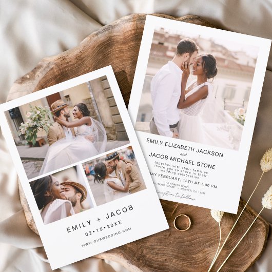 ミニマル結婚リストエレガントホワイトの4枚 招待状