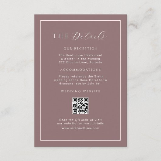 ミニマル結婚リスト紫の詳細QRコードの挿入 エンクロージャーカード (正面)