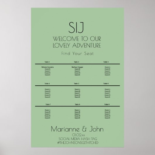 ミニマル結婚リスト緑のロゴの座席表 ポスター (正面)