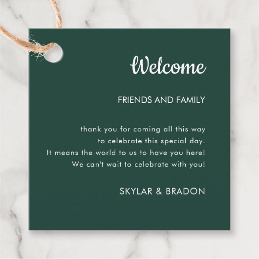 ミニマル結婚主義のエメラルドグリーン歓迎ギフト フェイバータグ (正面)