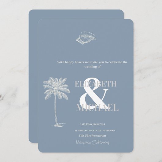 ミニマル結婚主義のトロピカルダスティブルー 招待状 (正面/裏面)