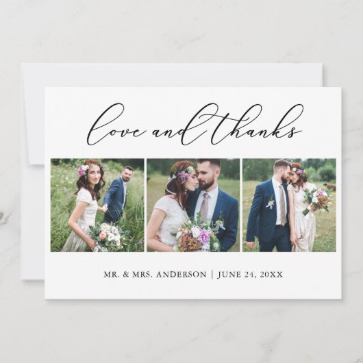 ミニマル結婚主義の書道の3枚の写真の愛 サンキューカード (正面)