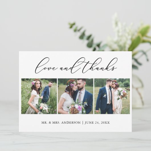 ミニマル結婚主義の書道の3枚の写真の愛 サンキューカード (スタンド正面)