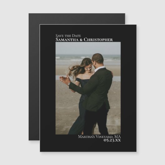 ミニマル結婚式の日付を保存フォトブラック マグネット招待状 (正面/裏面)