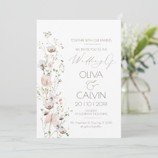 ミニマル結婚式招待状テンプレートワイルドフラワー 招待状 (スタンド正面)