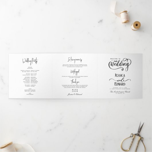 ミニマル結婚式 プログラム白黒エレガント 三つ折りプログラム (外部)