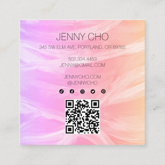 ミニマル絵画リストピンクのQRコードのソーシャルアイコン スクエア名刺 (裏面)