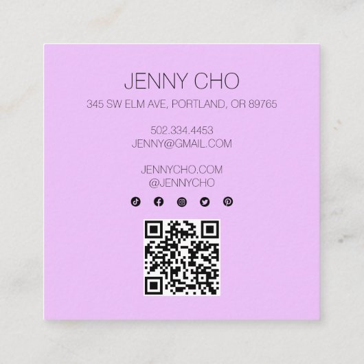 ミニマル絵画リスト紫のQRコードソーシャルアイコン スクエア名刺 (裏面)