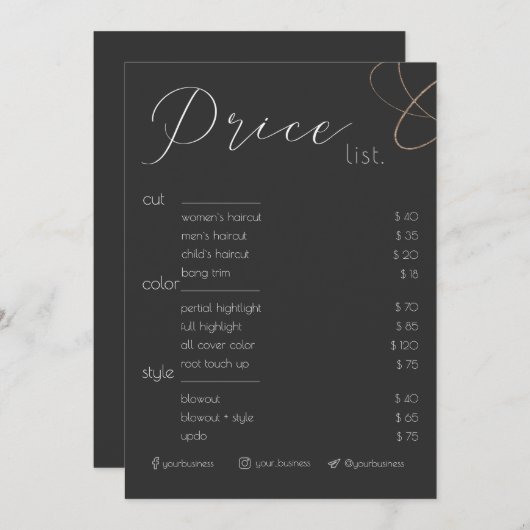ミニマル美しいサロン白黒価格表 招待状 (正面/裏面)