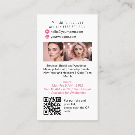 ミニマル美しいメイクアップアーティスト写真QRコード 名刺 (裏面)