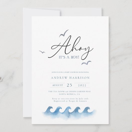 ミニマル航海の帆船ベイビーシャワーアホイボーイ 招待状 (正面)