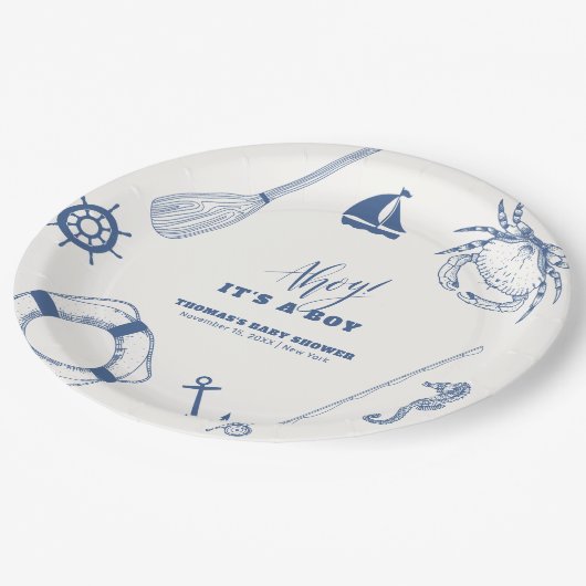 ミニマル航海の魚釣りボーイベビーシャワー ペーパープレート (アングル)