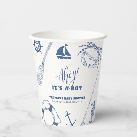 ミニマル航海の魚釣りボーイベビーシャワー 紙コップ (正面)